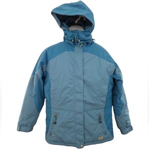 LLBean Primaloft Ski Jacket Coat/Parka Zip Pockets Hood Two Tone Blue EUC! S:Sm.